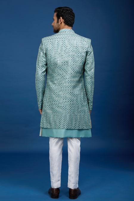Shop_Arihant Rai Sinha_Blue Silk, Dupion Embroidery Jaal Sherwani Set _at_Aza_Fashions