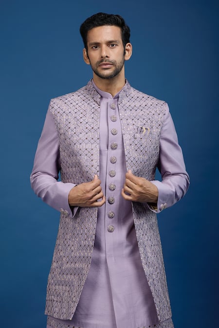 Arihant Rai Sinha_Purple Silk, Dupion Embroidery Jaal Sherwani Set _Online_at_Aza_Fashions