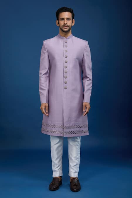 Buy_Arihant Rai Sinha_Purple Silk, Dupion Embroidery Jaal Sherwani Set _Online_at_Aza_Fashions