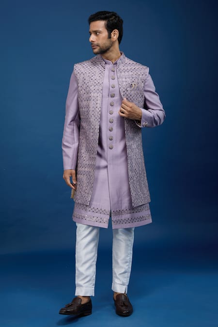 Shop_Arihant Rai Sinha_Purple Silk, Dupion Embroidery Jaal Sherwani Set _Online_at_Aza_Fashions