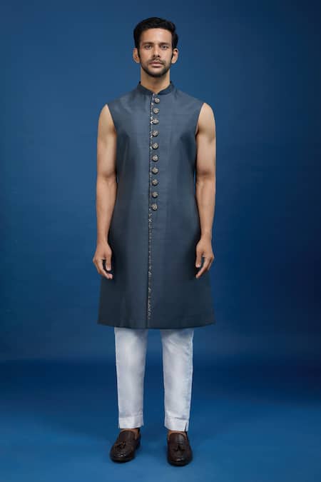 Arihant Rai Sinha_Gray Silk, Dupion Embroidery Jaal Sherwani Set _Online_at_Aza_Fashions