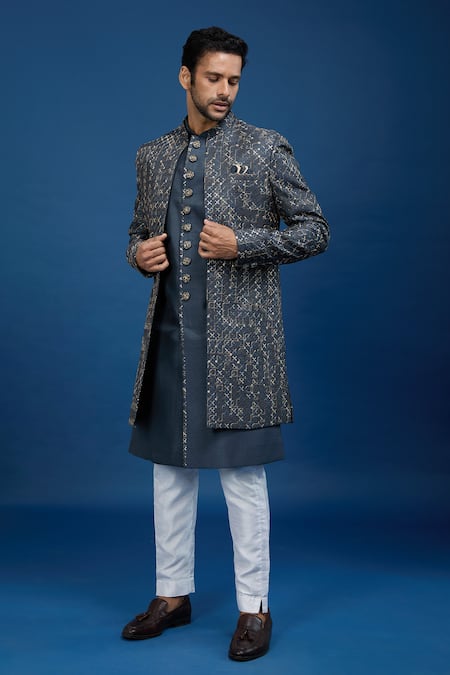 Buy_Arihant Rai Sinha_Gray Silk, Dupion Embroidery Jaal Sherwani Set _Online_at_Aza_Fashions