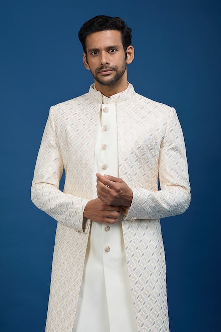 Arihant Rai Sinha_Cream Silk, Dupion Embroidery Sherwani Set _Online_at_Aza_Fashions