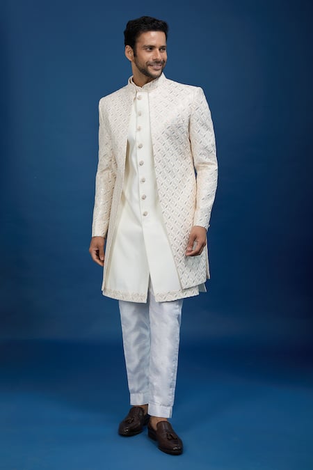 Buy_Arihant Rai Sinha_Cream Silk, Dupion Embroidery Sherwani Set _Online_at_Aza_Fashions