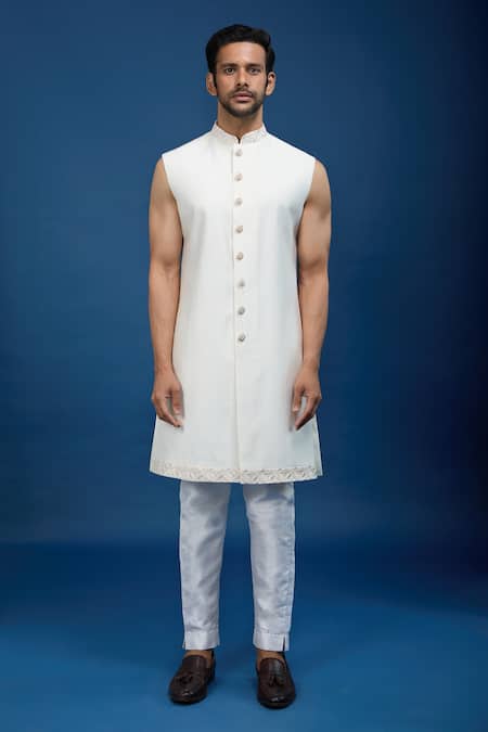 Shop_Arihant Rai Sinha_Cream Silk, Dupion Embroidery Sherwani Set _Online_at_Aza_Fashions