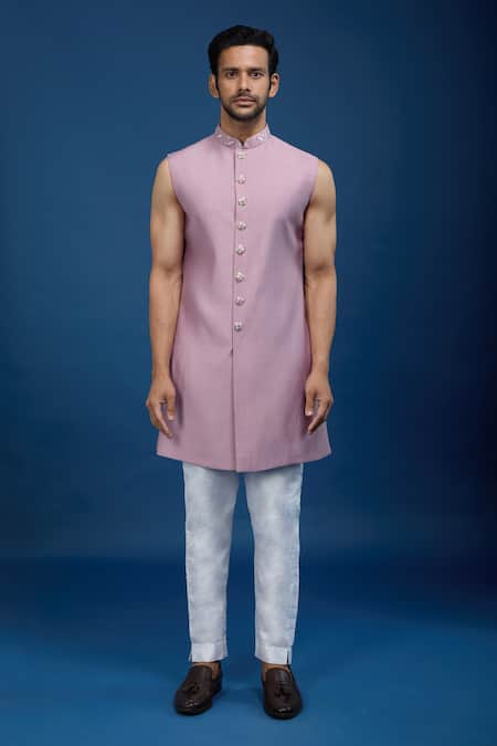 Arihant Rai Sinha_Pink Silk, Dupion Embroidery Sherwani Set _Online_at_Aza_Fashions