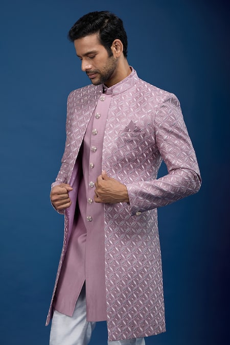 Arihant Rai Sinha_Pink Silk, Dupion Embroidery Sherwani Set _at_Aza_Fashions
