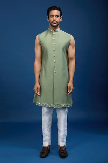 Arihant Rai Sinha Green Silk, Dupion Embroidery Sherwani Set Online at Aza Fashions Arihant Rai Sinha_Green Silk, Dupion Embroidery Sherwani Set _Online_at_Aza_Fashions