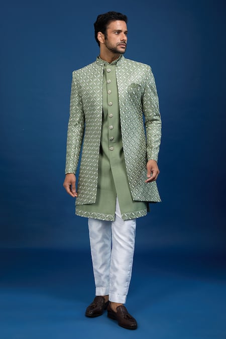 Buy Arihant Rai Sinha Green Silk, Dupion Embroidery Sherwani Set Online at Aza Fashions Buy_Arihant Rai Sinha_Green Silk, Dupion Embroidery Sherwani Set _Online_at_Aza_Fashions