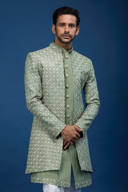 Shop Arihant Rai Sinha Green Silk, Dupion Embroidery Sherwani Set Online at Aza Fashions Shop_Arihant Rai Sinha_Green Silk, Dupion Embroidery Sherwani Set _Online_at_Aza_Fashions
