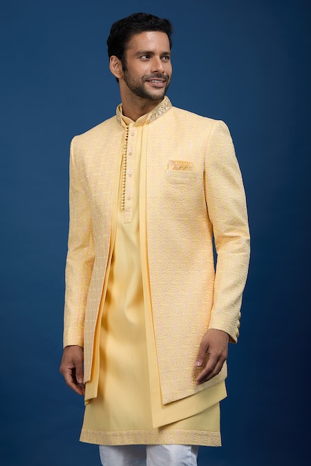Arihant Rai Sinha_Yellow Silk, Dupion Embroidery Sherwani Set _Online_at_Aza_Fashions