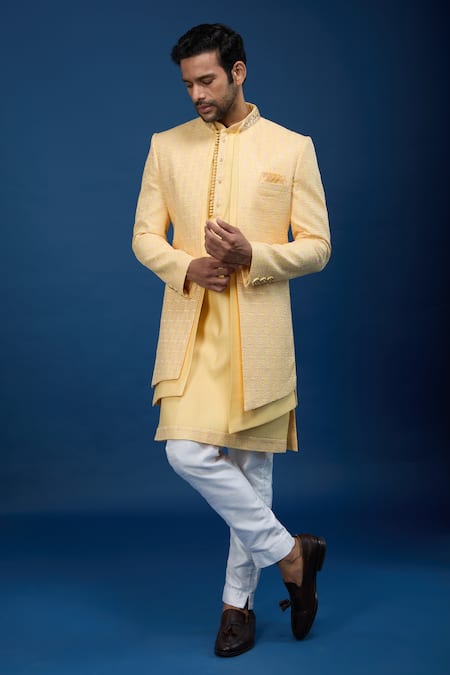 Shop_Arihant Rai Sinha_Yellow Silk, Dupion Embroidery Sherwani Set _Online_at_Aza_Fashions