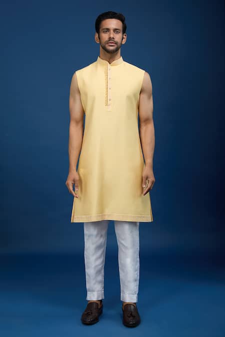 Arihant Rai Sinha_Yellow Silk, Dupion Embroidery Sherwani Set _at_Aza_Fashions