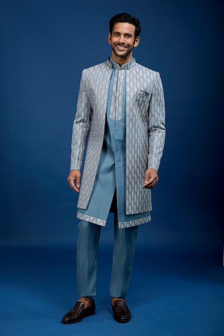 Buy_Arihant Rai Sinha_Gray Silk, Dupion Embroidery Jaal Sherwani Set _Online_at_Aza_Fashions