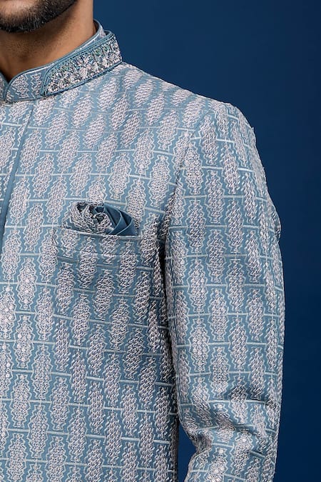 Shop_Arihant Rai Sinha_Gray Silk, Dupion Embroidery Jaal Sherwani Set _Online_at_Aza_Fashions