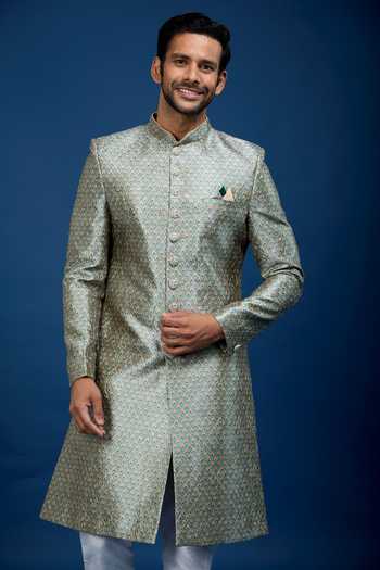 Shop_Arihant Rai Sinha_Green Silk, Dupion Embroidery Sherwani With Pant _Online_at_Aza_Fashions