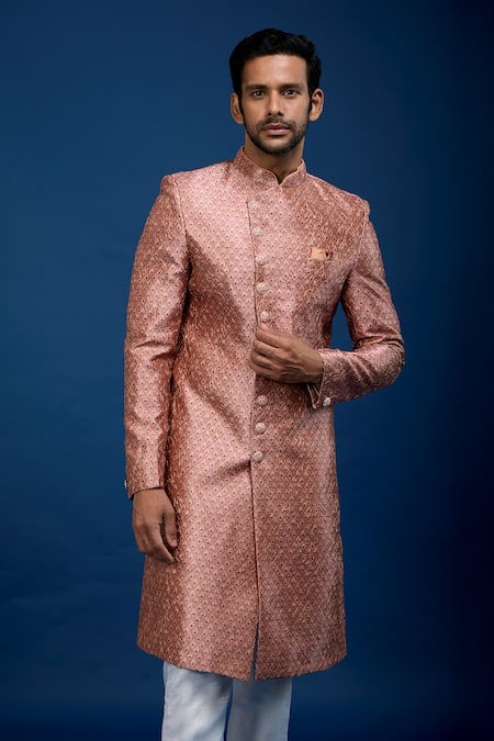 Arihant Rai Sinha_Pink Silk, Dupion Butti Pattern Sherwani With Pant _Online_at_Aza_Fashions