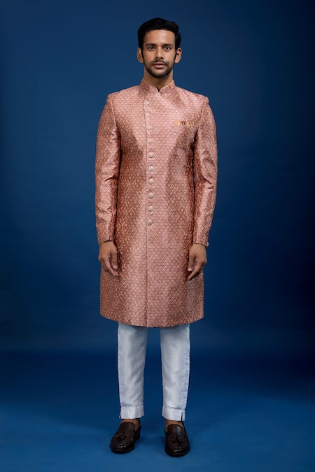 Arihant Rai Sinha_Pink Silk, Dupion Butti Pattern Sherwani With Pant _at_Aza_Fashions