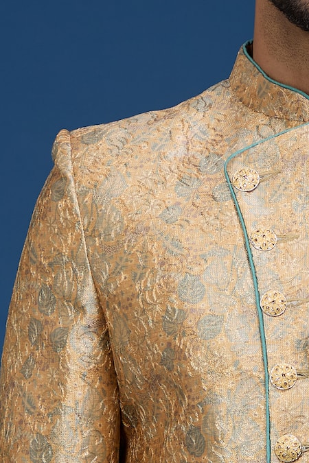 Arihant Rai Sinha_Gold Silk, Dupion Embroidery Floral Pattern Sherwani With Pant _Online_at_Aza_Fashions
