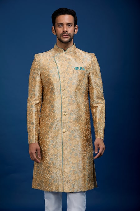 Buy_Arihant Rai Sinha_Gold Silk, Dupion Embroidery Floral Pattern Sherwani With Pant _Online_at_Aza_Fashions