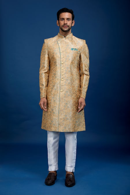 Arihant Rai Sinha_Gold Silk, Dupion Embroidery Floral Pattern Sherwani With Pant _at_Aza_Fashions