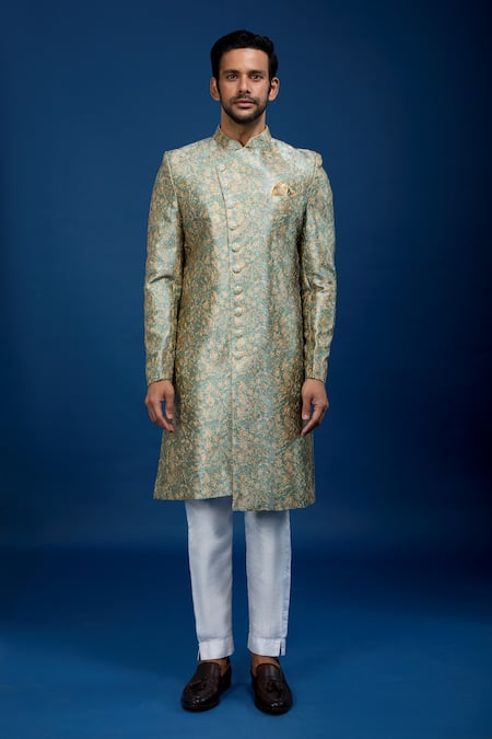 Arihant Rai Sinha_Green Silk, Dupion Embroidery Floral Pattern Sherwani With Pant _Online_at_Aza_Fashions