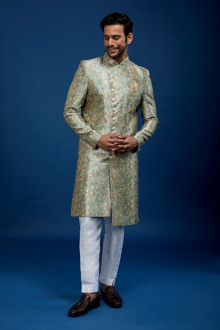 Shop_Arihant Rai Sinha_Green Silk, Dupion Embroidery Floral Pattern Sherwani With Pant _Online_at_Aza_Fashions