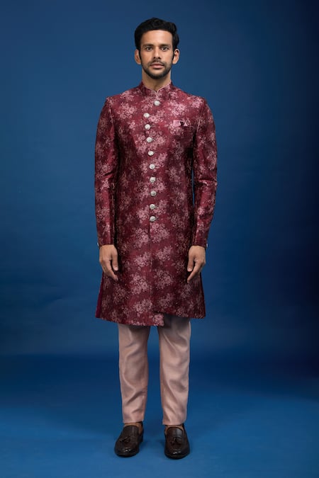 Buy_Arihant Rai Sinha_Red Silk, Dupion Embroidery Floral Pattern Sherwani With Pant _Online_at_Aza_Fashions