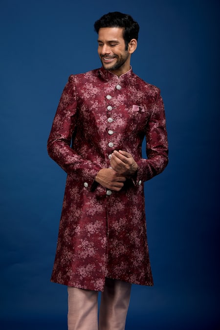 Shop_Arihant Rai Sinha_Red Silk, Dupion Embroidery Floral Pattern Sherwani With Pant _Online_at_Aza_Fashions