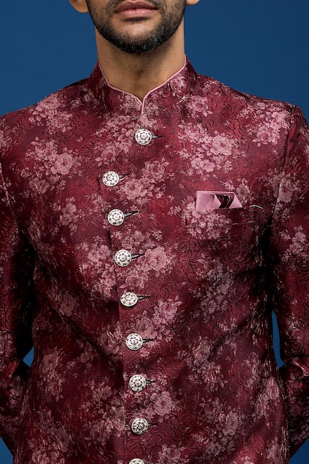 Arihant Rai Sinha_Red Silk, Dupion Embroidery Floral Pattern Sherwani With Pant _at_Aza_Fashions