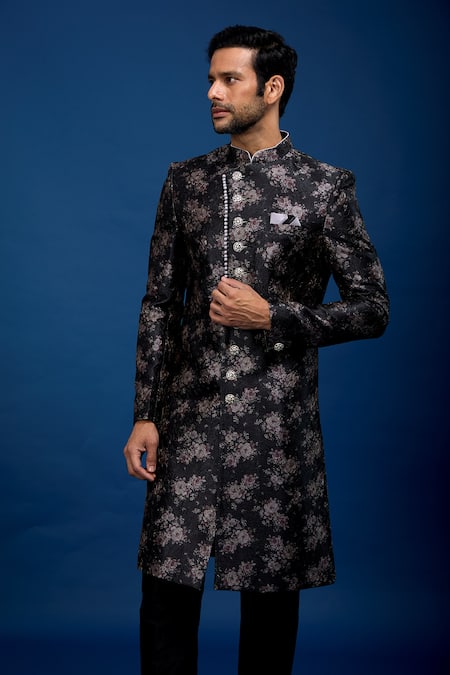 Arihant Rai Sinha_Black Silk, Dupion Floral Pattern Sherwani With Pant _Online_at_Aza_Fashions