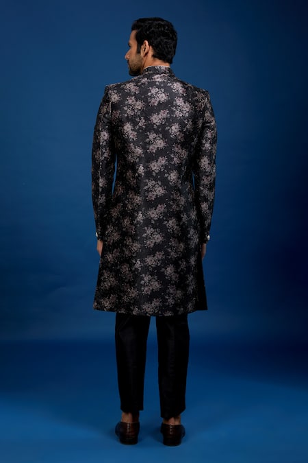 Shop_Arihant Rai Sinha_Black Silk, Dupion Floral Pattern Sherwani With Pant _at_Aza_Fashions