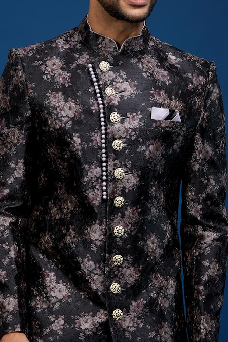 Buy_Arihant Rai Sinha_Black Silk, Dupion Floral Pattern Sherwani With Pant _Online_at_Aza_Fashions
