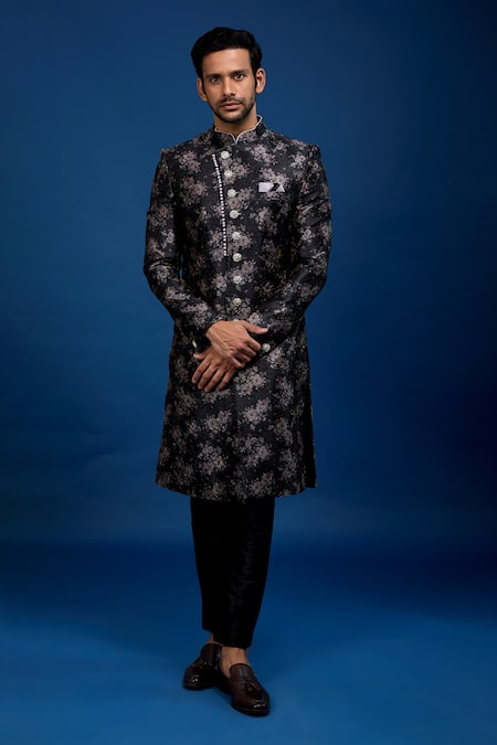 Arihant Rai Sinha Black Silk, Dupion Floral Pattern Sherwani With Pant