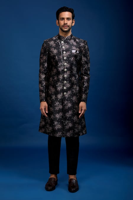Arihant Rai Sinha_Black Silk, Dupion Floral Pattern Sherwani With Pant _at_Aza_Fashions