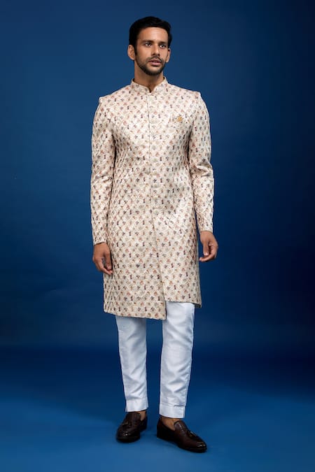 Buy_Arihant Rai Sinha_Beige Silk, Dupion Floral Butti Pattern Sherwani With Pant _at_Aza_Fashions