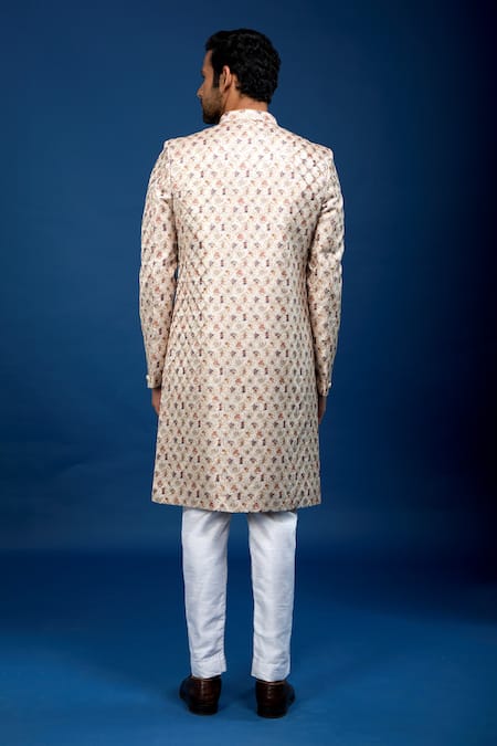 Shop_Arihant Rai Sinha_Beige Silk, Dupion Floral Butti Pattern Sherwani With Pant _at_Aza_Fashions