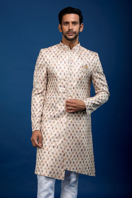 Shop_Arihant Rai Sinha_Beige Silk, Dupion Floral Butti Pattern Sherwani With Pant _Online_at_Aza_Fashions