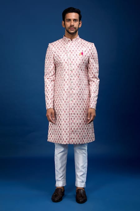 Buy_Arihant Rai Sinha_Pink Silk, Dupion Floral Butti Pattern Sherwani With Pant _Online_at_Aza_Fashions