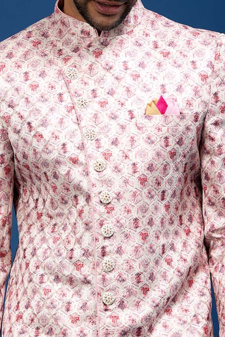 Shop_Arihant Rai Sinha_Pink Silk, Dupion Floral Butti Pattern Sherwani With Pant _Online_at_Aza_Fashions