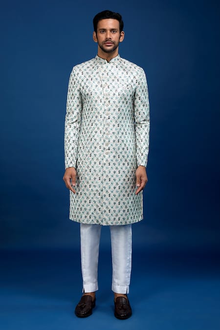 Arihant Rai Sinha_Off White Silk, Dupion Embroidery Floral Butti Pattern Sherwani With Pant _Online_at_Aza_Fashions