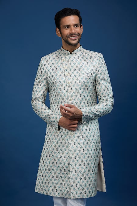 Buy_Arihant Rai Sinha_Off White Silk, Dupion Embroidery Floral Butti Pattern Sherwani With Pant _Online_at_Aza_Fashions