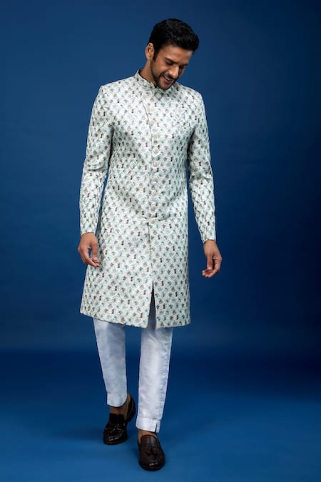 Shop_Arihant Rai Sinha_Off White Silk, Dupion Embroidery Floral Butti Pattern Sherwani With Pant _Online_at_Aza_Fashions