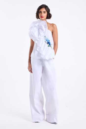 Gauri & Nainika White Poplin, Cotton Embroidery One Shoulder Ruffle Top With Pant Online at Aza Fashions Gauri & Nainika_White Poplin, Cotton Embroidery One Shoulder Ruffle Top With Pant _Online_at_Aza_Fashions