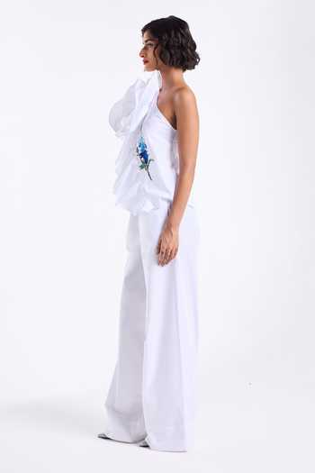 Buy Gauri & Nainika White Poplin, Cotton Embroidery One Shoulder Ruffle Top With Pant Online at Aza Fashions Buy_Gauri & Nainika_White Poplin, Cotton Embroidery One Shoulder Ruffle Top With Pant _Online_at_Aza_Fashions
