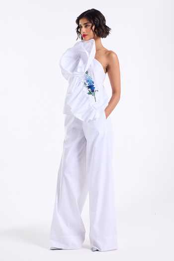 Shop Gauri & Nainika White Poplin, Cotton Embroidery One Shoulder Ruffle Top With Pant Online at Aza Fashions Shop_Gauri & Nainika_White Poplin, Cotton Embroidery One Shoulder Ruffle Top With Pant _Online_at_Aza_Fashions