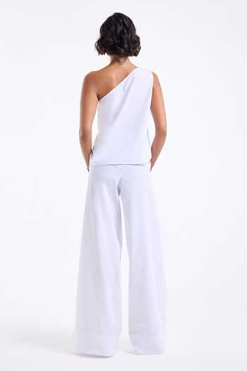 Shop Gauri & Nainika White Poplin, Cotton Embroidery One Shoulder Ruffle Top With Pant at Aza Fashions Shop_Gauri & Nainika_White Poplin, Cotton Embroidery One Shoulder Ruffle Top With Pant _at_Aza_Fashions