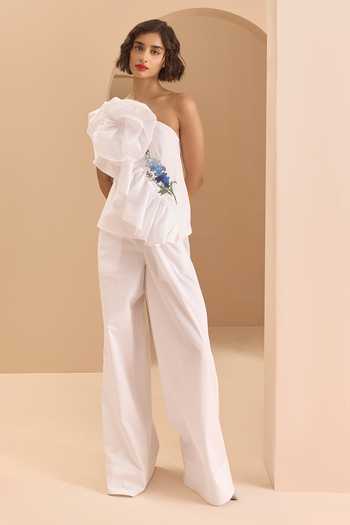 Buy Gauri & Nainika White Poplin, Cotton Embroidery One Shoulder Ruffle Top With Pant at Aza Fashions Buy_Gauri & Nainika_White Poplin, Cotton Embroidery One Shoulder Ruffle Top With Pant _at_Aza_Fashions