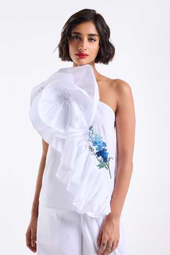 Gauri & Nainika White Poplin, Cotton Embroidery One Shoulder Ruffle Top With Pant at Aza Fashions Gauri & Nainika_White Poplin, Cotton Embroidery One Shoulder Ruffle Top With Pant _at_Aza_Fashions