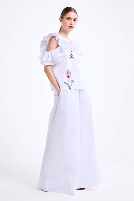 Gauri & Nainika_White Poplin, Cotton Embroidery, Cold Shoulder Ruffle Top With Wide Legged Pant _Online_at_Aza_Fashions